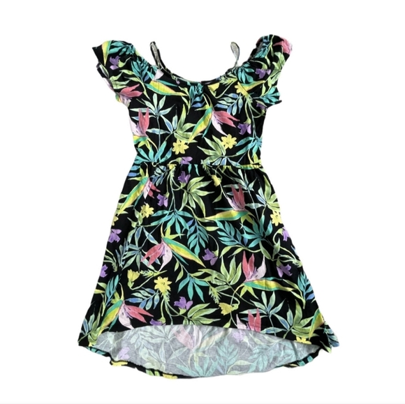 Children's Place Dress Girl (10/12) Black Floral Cold Shoulder Hi Low Vacation - Picture 1 of 5